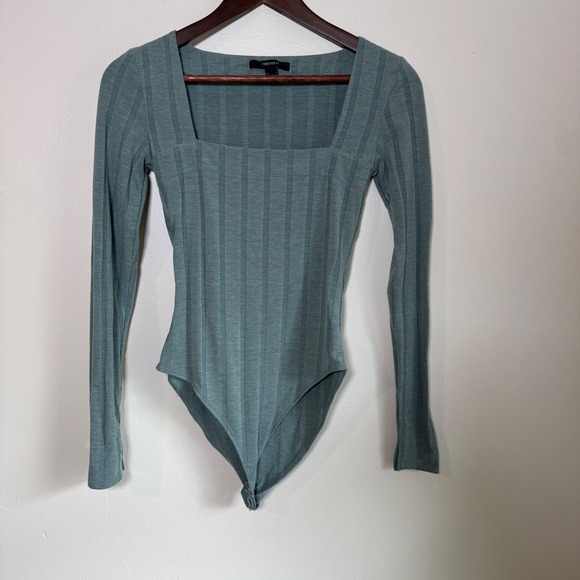 Forever 21 Tops - Forever 21 Ribbed Square Neck Long Sleeve Bodysuit Size Small Sage Green